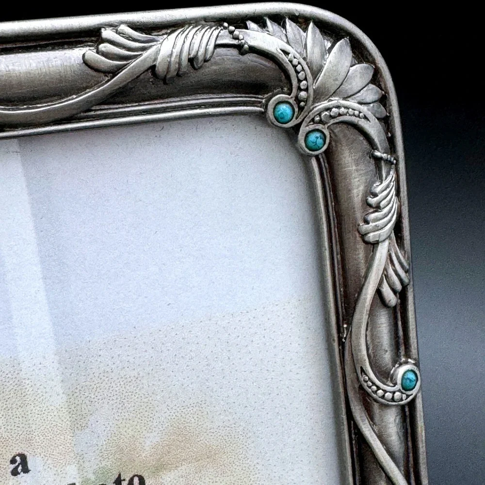 Ornate Turquoise Beaded Silver Tone Photo Frame 5x7 Vintage Style Tabletop Decor